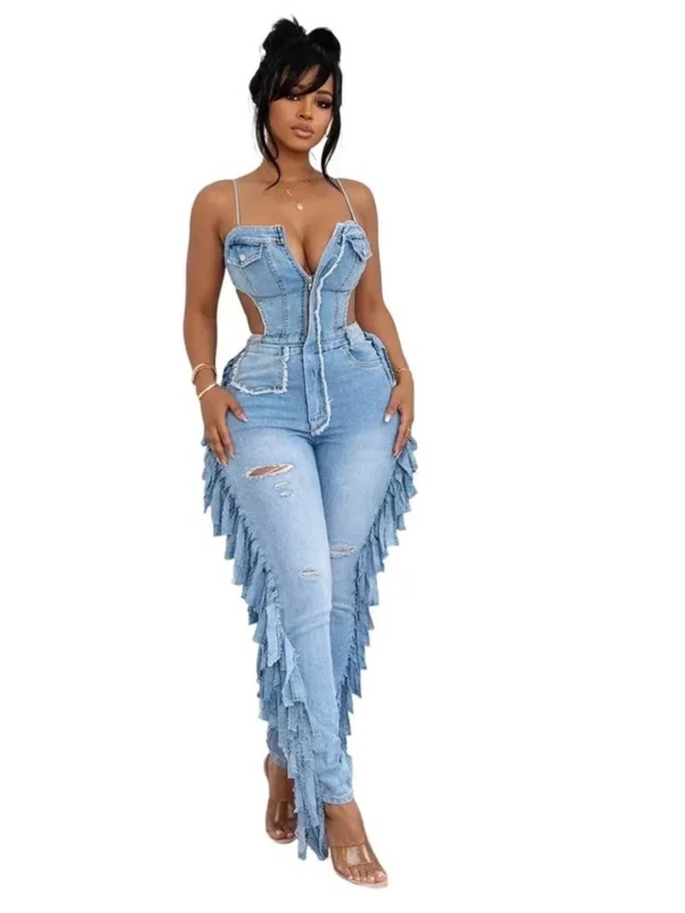 Denim Fringe Cutout Jumpsuit | Distressed Skinny Jean Romper
